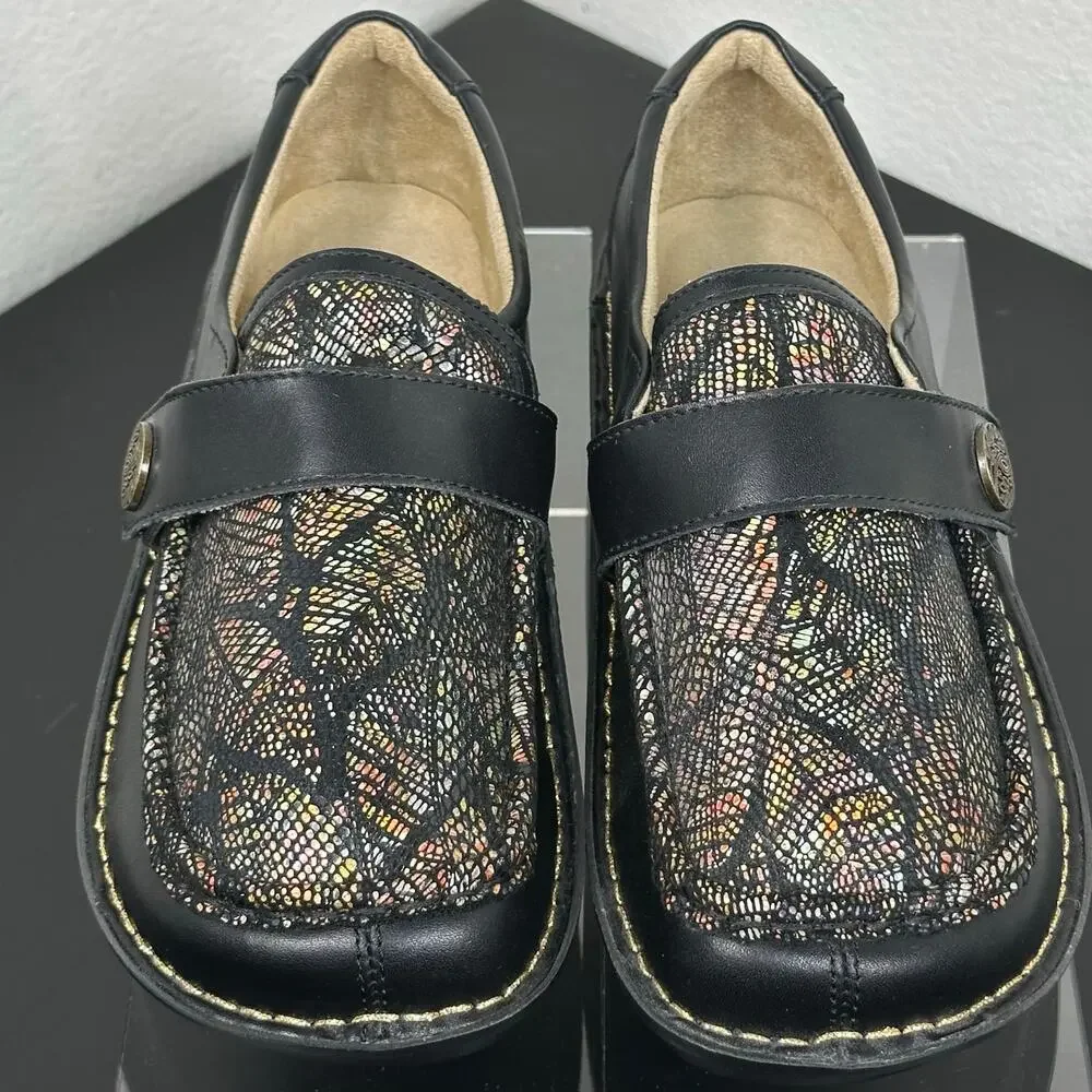 Alegria Women Black Metallic Leather Moc Toe Loafers Slip On Size 10 Preowned